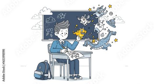 Student Imagining Dragons And Monsters Coming Out From Drawing At Classroom