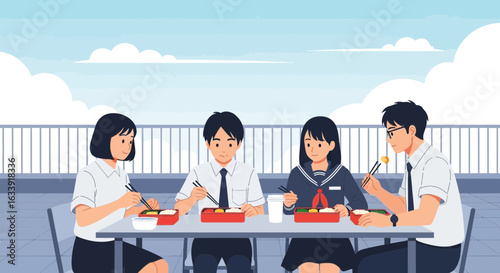 Schoolmates Enjoying Their Bento Boxes Together During Lunch Break Outdoor