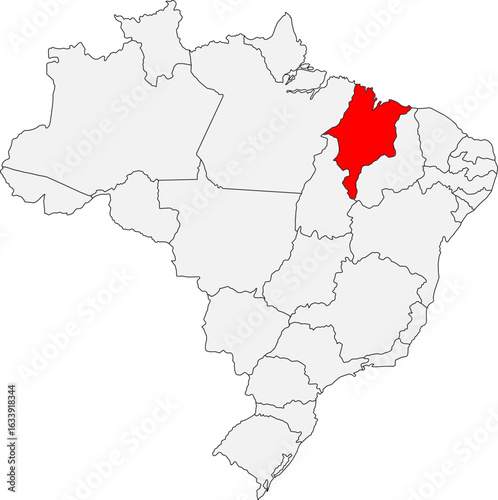 Map of Brazil highlighting the state of Maranhão. Ideal for geographic studies, travel guides, or projects related to its unique coastline and economy