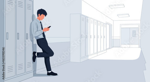 Student Leaning Against Lockers Texting on His Cellphone in A School Hallway