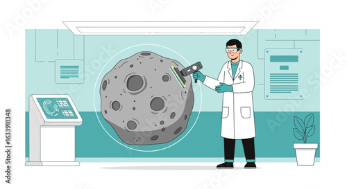 Scientist Analyzing Asteroid Sample In Futuristic Research Laboratory Illustration