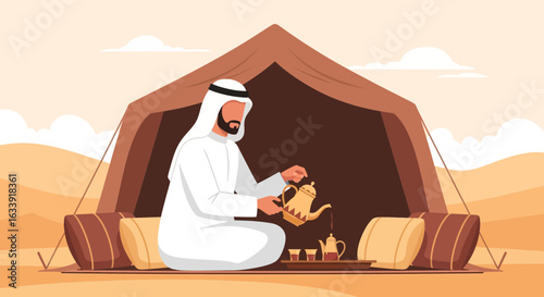 Traditional Hospitality Scene Man Pouring Tea in Desert Camp