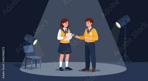 Schoolmates Under Spotlight Exchange Documents In School Stage Setting