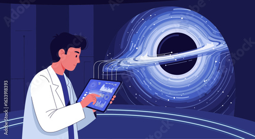Scientist Analyzing Data from Black Hole on Tablet Device Illustration