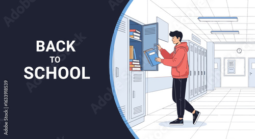 Student Organizing Books In His Locker At School, Back To School Concept