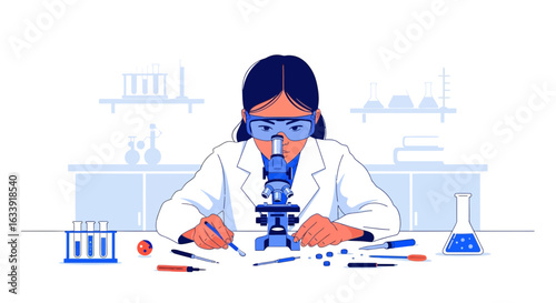 Scientist Examines Sample With Microscope In Laboratory Experiment Illustration