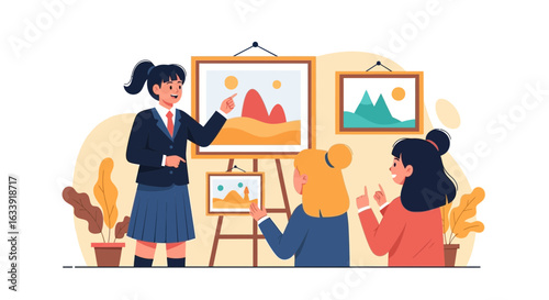 Student Presents Painting Works in School Gallery to the Classmates