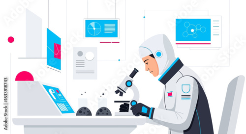 Scientist In Protective Suit Analyzing Samples Under Microscope In Modern Lab