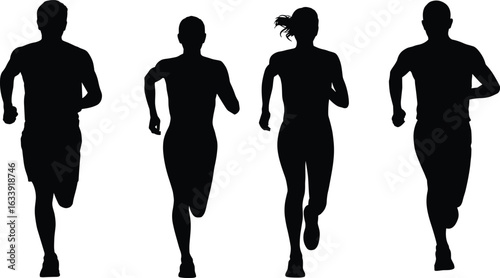 Silhouette of runners, jogging group, outdoor fitness, healthy lifestyle, athletic activity, teamwork, exercise, sports training, fitness enthusiasts, motivation