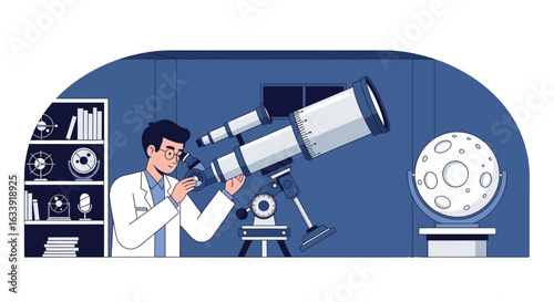 Scientist Observes The Moon Through Telescope In An Observatory Illustration