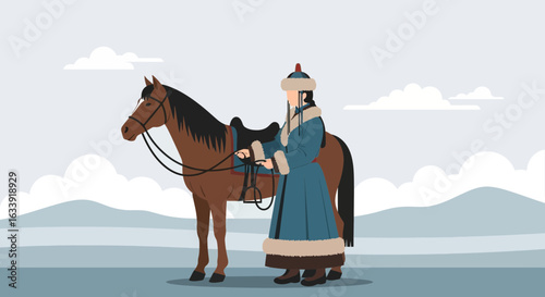 Traditional Mongolian Rider With Her Steed Against A Wintery Landscape