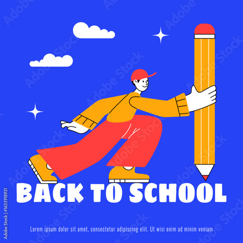 Back to school poster. Pupil, student holds big pencil. Vector character in trendy flat style.