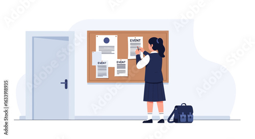 Student Schedules Events on Bulletin Board at School Hallway Illustration