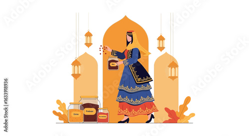 Traditional Middle Eastern Woman Preparing Food With Jars In Islamic Background