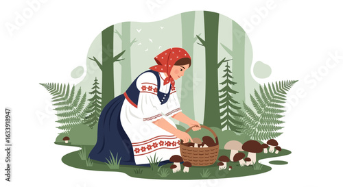 Traditional Mushroom Gathering Scene Of A Woman In A Woodland Setting