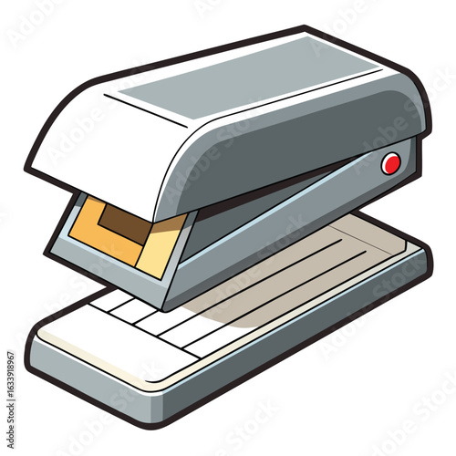 A metallic stapler loaded with silver staples, pressed halfway down on a clean white surface ready to use.