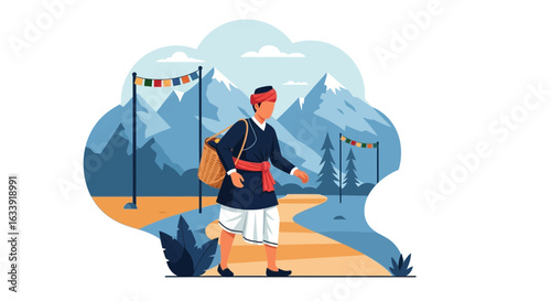 Wallpaper Mural Traditional Nepalese Man Walking Through Mountain Landscape With Prayer Flags Torontodigital.ca