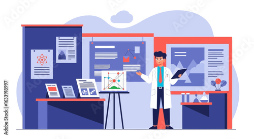 Scientist Presenting Research at Academic Conference in Modern Style Illustration