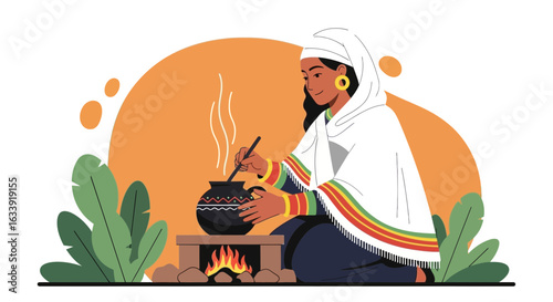 Traditional Preparation Illustration Of Food With An Ethiopian Woman