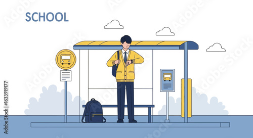 Student Waiting At The Bus Stop Checks The Time Before Going To School