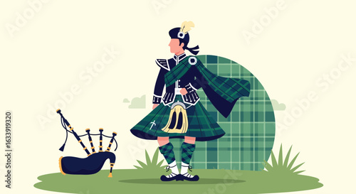 Scottish Piper Standing Gracefully With Bagpipes And Tartan Backdrop Illustration