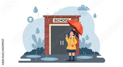 Student With Umbrella Standing In Rain At School Building Illustration