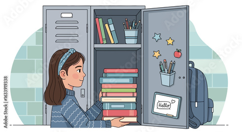 Student With Books Beside School Locker Illustration Vector Design