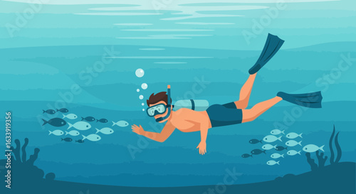 Scuba Diver Adventures In Tropical Waters Vector Illustration Depicting Exploration