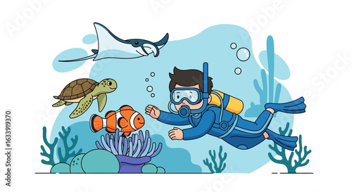 Scuba Diver Exploring Marine Life Cartoon Illustration Undersea Adventure