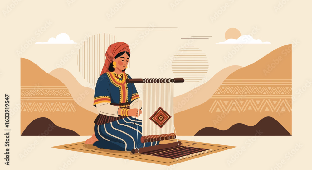 Obraz premium Traditional Weaver Creates Handmade Carpet in Desert Backdrop Illustration