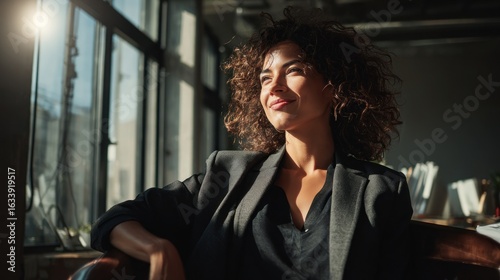 Hopeful Woman Gazing Through Window, Sunlit Office