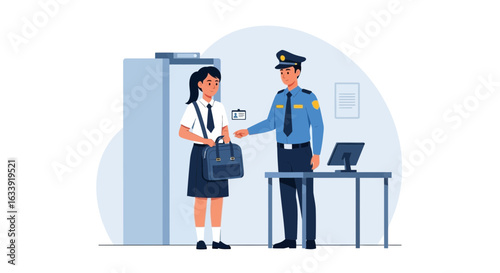 Security Checkpoint Interaction Between Security Officer And Student At Entrance