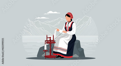 Traditional Weaver Creates Textile Crafts With Spinning Wheel Near Mountainous Lake