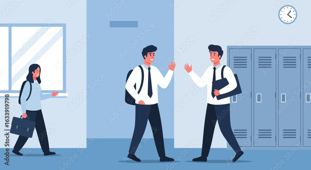 Obraz premium Students Greet Each Other In The Hallway Before Class Starts In The Morning