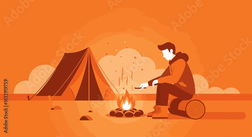 Serene Campfire Night Man Enjoying Nature Beside Tent Vector Graphic