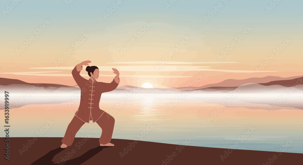 Tranquil Morning Tai Chi Practice By the Serene Lake Nature Scenery Tranquil Morning Tai Chi Practice By the Serene Lake Nature Scenery