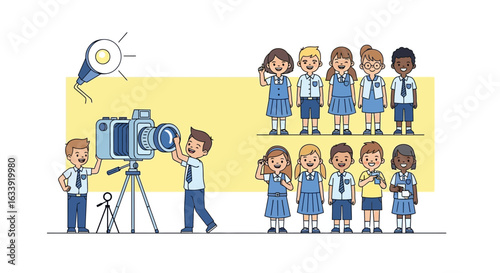 Students Ready For School Photo Session In Uniform With Cartoon Camera