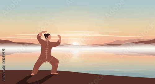Tranquil Morning Tai Chi Practice By the Serene Lake Nature Scenery