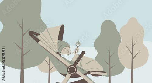 Tranquil Nap In The Park Baby Resting With Toy In Stroller Among Trees