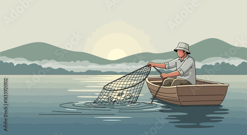Tranquil Scene Of Fisherman Catching Fish In River At Sunrise