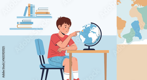 Studious Boy Exploring The World Geography Using Globe In A Classroom
