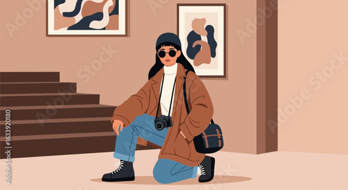 Stylish Female Tourist Posing with Camera in Art Gallery Environment