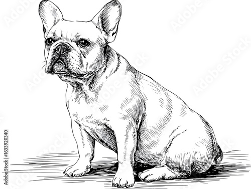 An ink sketch portrays a charming french bulldog sitting attentively against a bright white background artfully.