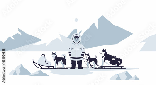Stylized Husky Sled Team With Guide In Arctic Environment Illustration