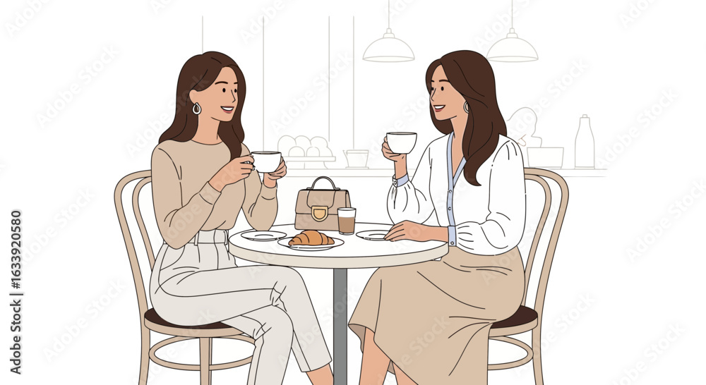 Two Elegant Women Chatting Over Coffee At Cozy Café Illustration Two Elegant Women Chatting Over Coffee At Cozy Café Illustration