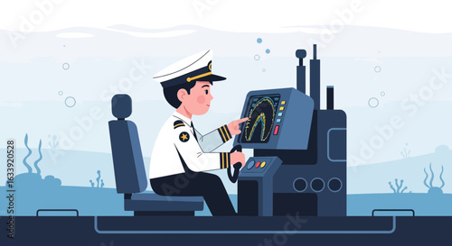 Submarine Captain Navigating Underwater With Sonar Technology In The Deep Sea