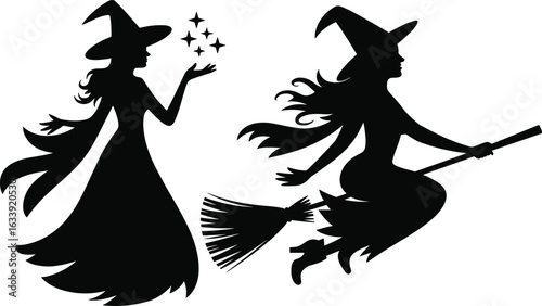 Silhouette of witches, casting magic, flying on broomstick, Halloween theme, mystical fantasy, spooky illustration, black and white vector art