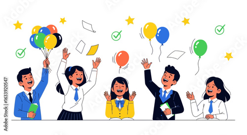 Successful Students Celebrating Graduation Achievement With Balloons And Thrown Papers
