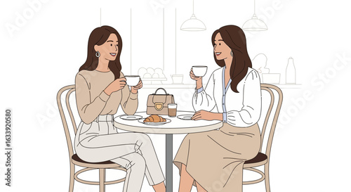 Two Elegant Women Chatting Over Coffee At Cozy Café Illustration