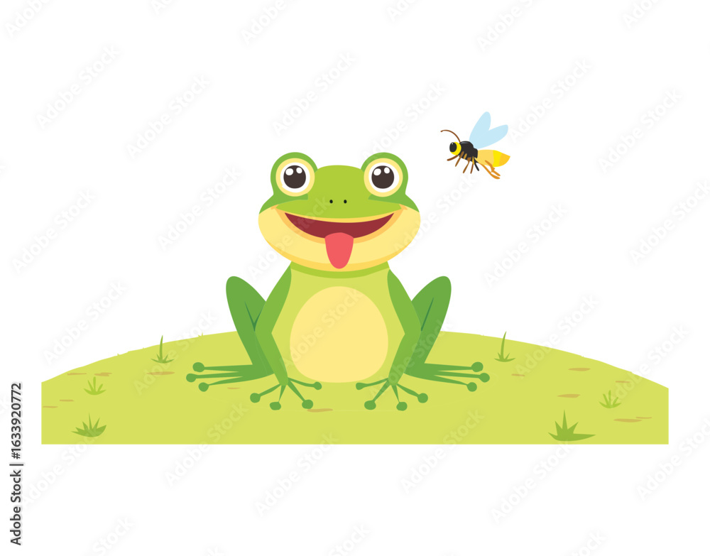 Obraz premium Happy Frog Mascot With a Bee Flying